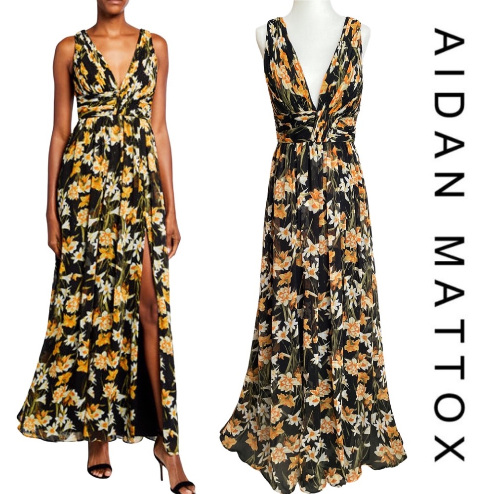 Aidan Mattox Black Floral Printed Sleeveless Slit Maxi Dress Size 4